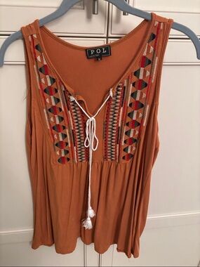 POL Burnt Orange Embroidered Tank with Tassel Tie